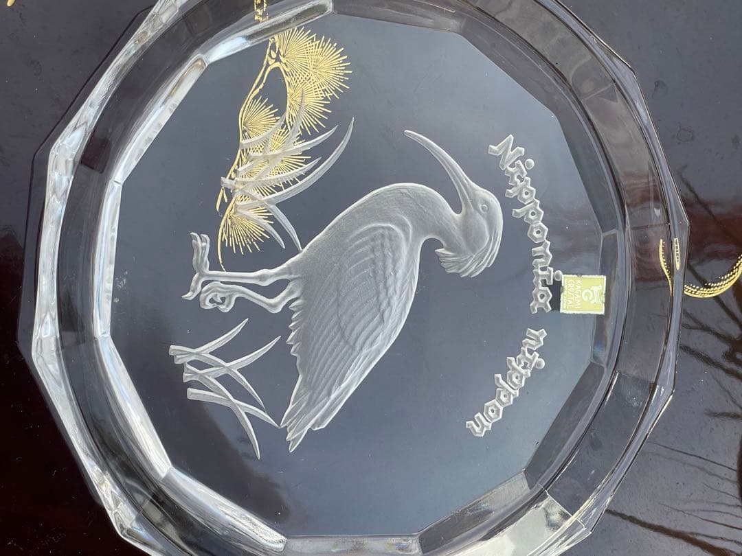 カガミクリスタル KAGAMI 飾り皿　贈答品 記念　クリスタル八角形皿 鶴彫刻