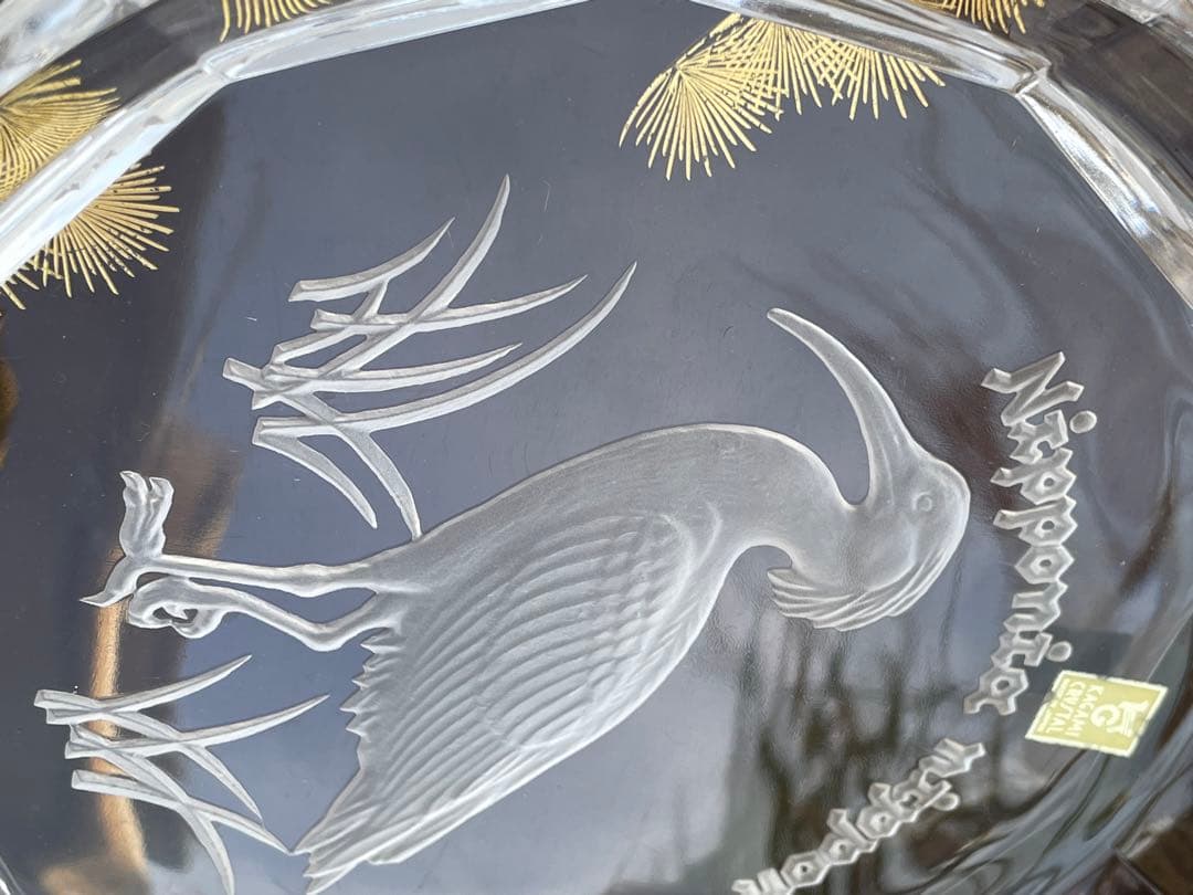カガミクリスタル KAGAMI 飾り皿　贈答品 記念　クリスタル八角形皿 鶴彫刻