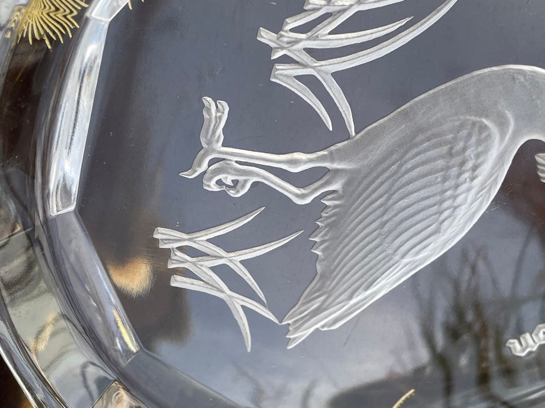 カガミクリスタル KAGAMI 飾り皿　贈答品 記念　クリスタル八角形皿 鶴彫刻