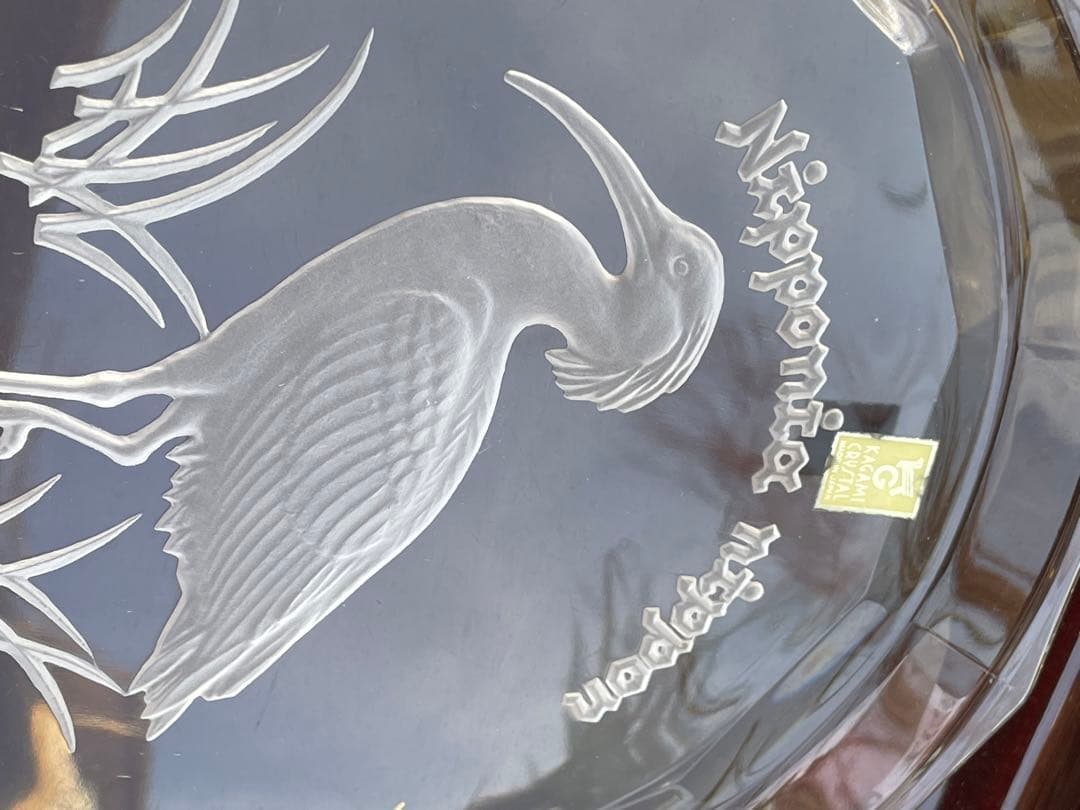 カガミクリスタル KAGAMI 飾り皿　贈答品 記念　クリスタル八角形皿 鶴彫刻