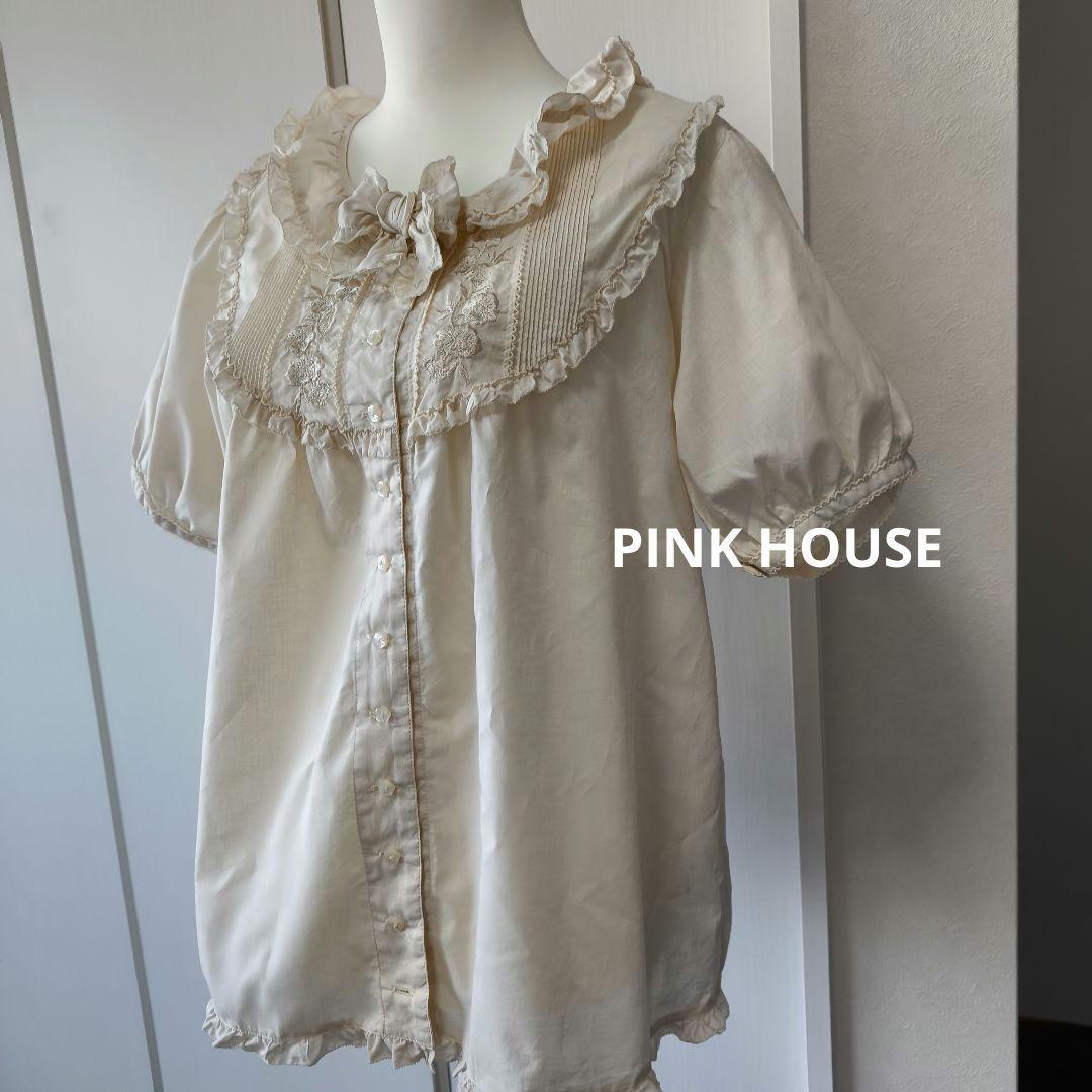 極美品　ピンクハウス ブラウス ピコフリル 半袖 リボン レース 刺繍　L