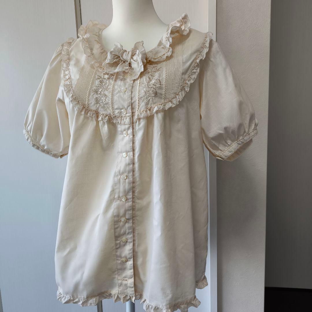 極美品　ピンクハウス ブラウス ピコフリル 半袖 リボン レース 刺繍　L