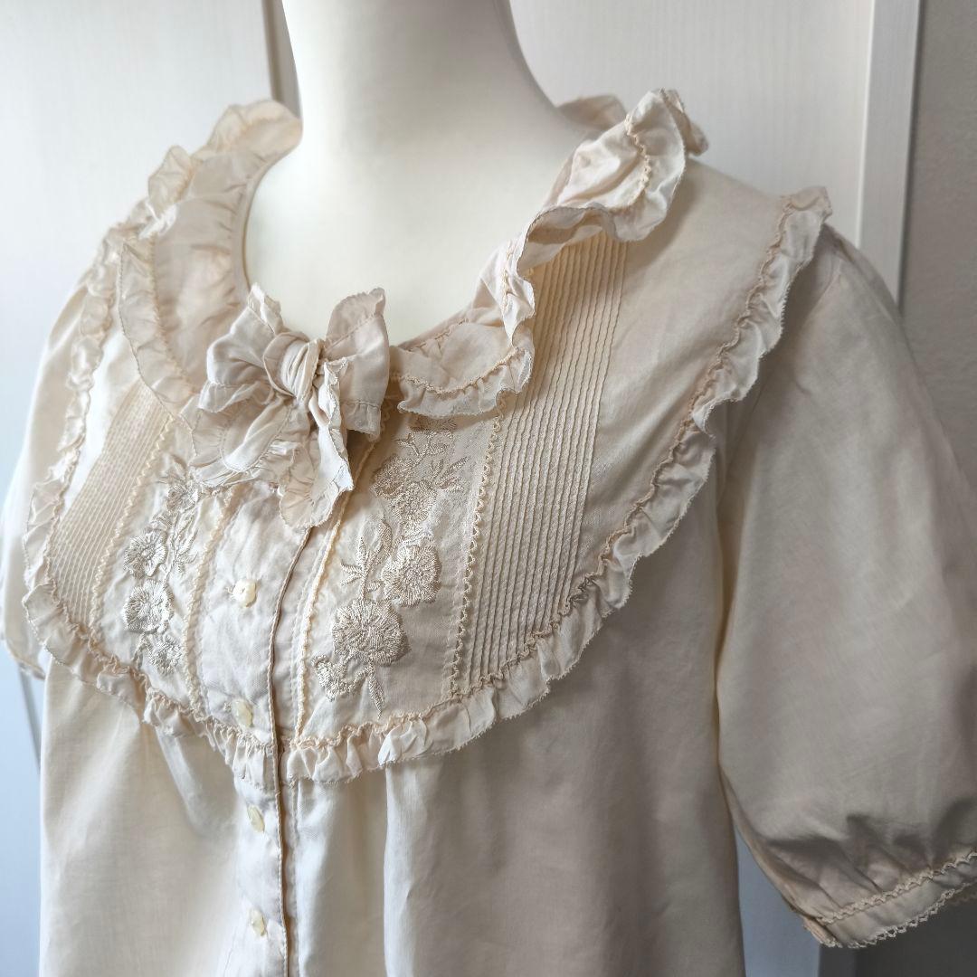 極美品　ピンクハウス ブラウス ピコフリル 半袖 リボン レース 刺繍　L