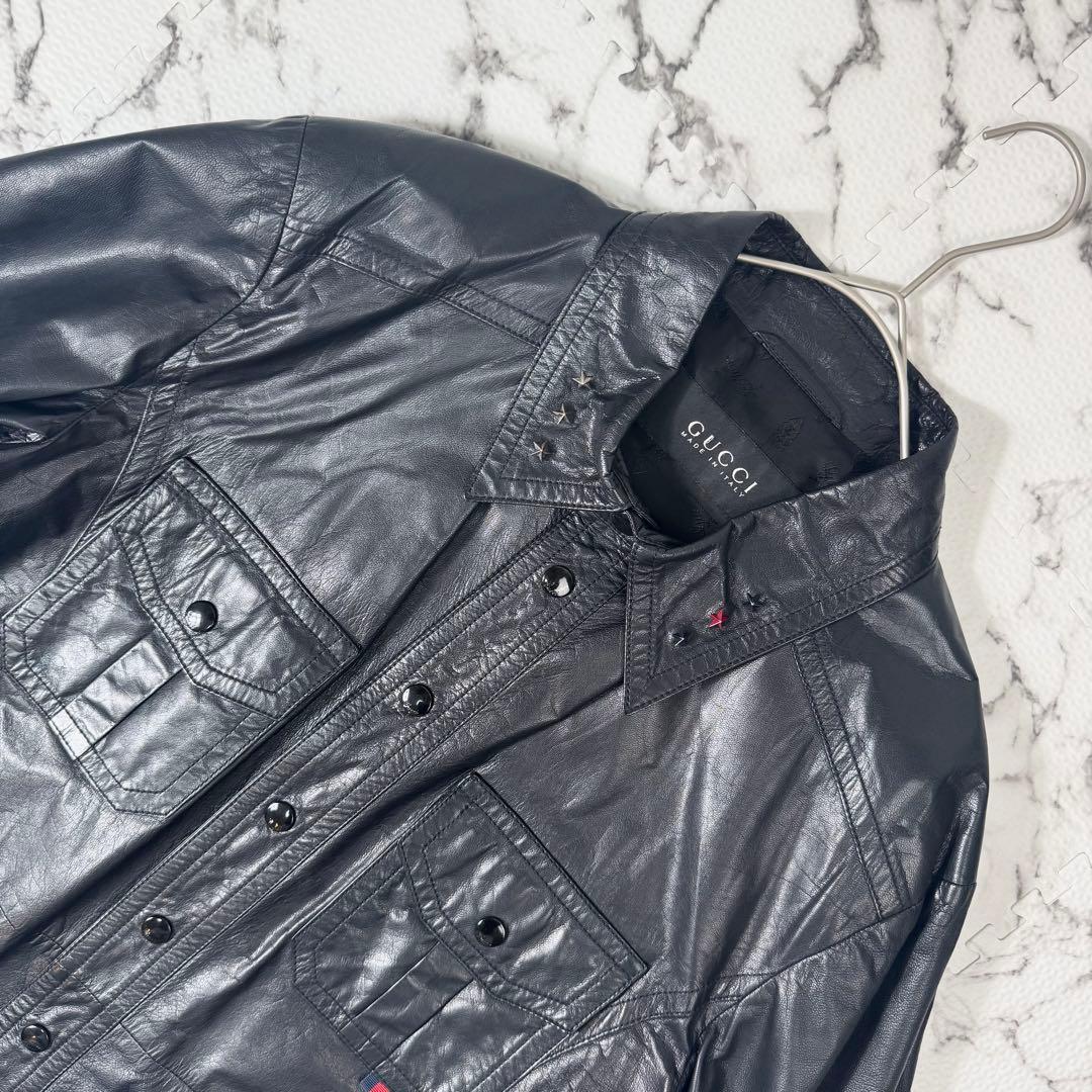 【極美品】グッチ　レザージャケット　ラムレザー　ライダース　スタッズ　裏地総柄