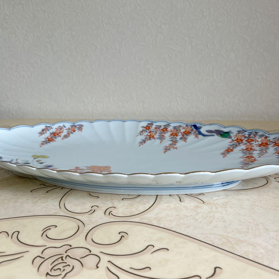 有田焼　賞美堂　其泉窯　君子文　大皿　金彩　楕円皿　盛皿　菊割皿　古伊万里　色絵