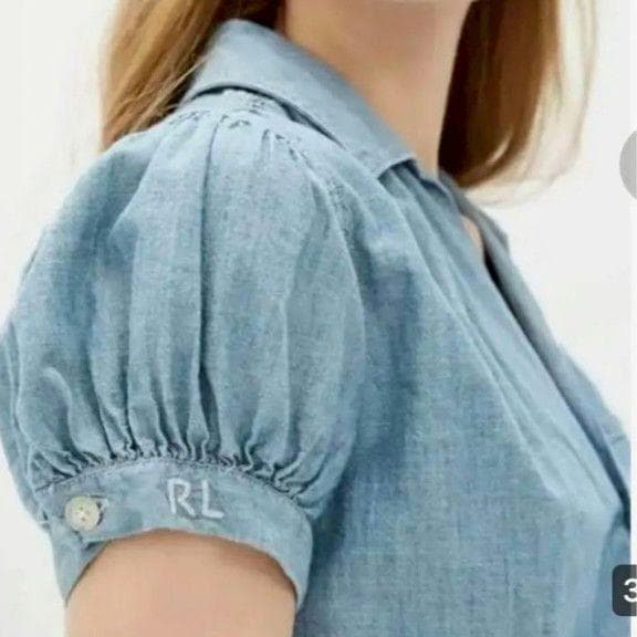 ポロラルフローレン パフスリーブウォッシャブルデニムシャツ 刺繍ロゴ