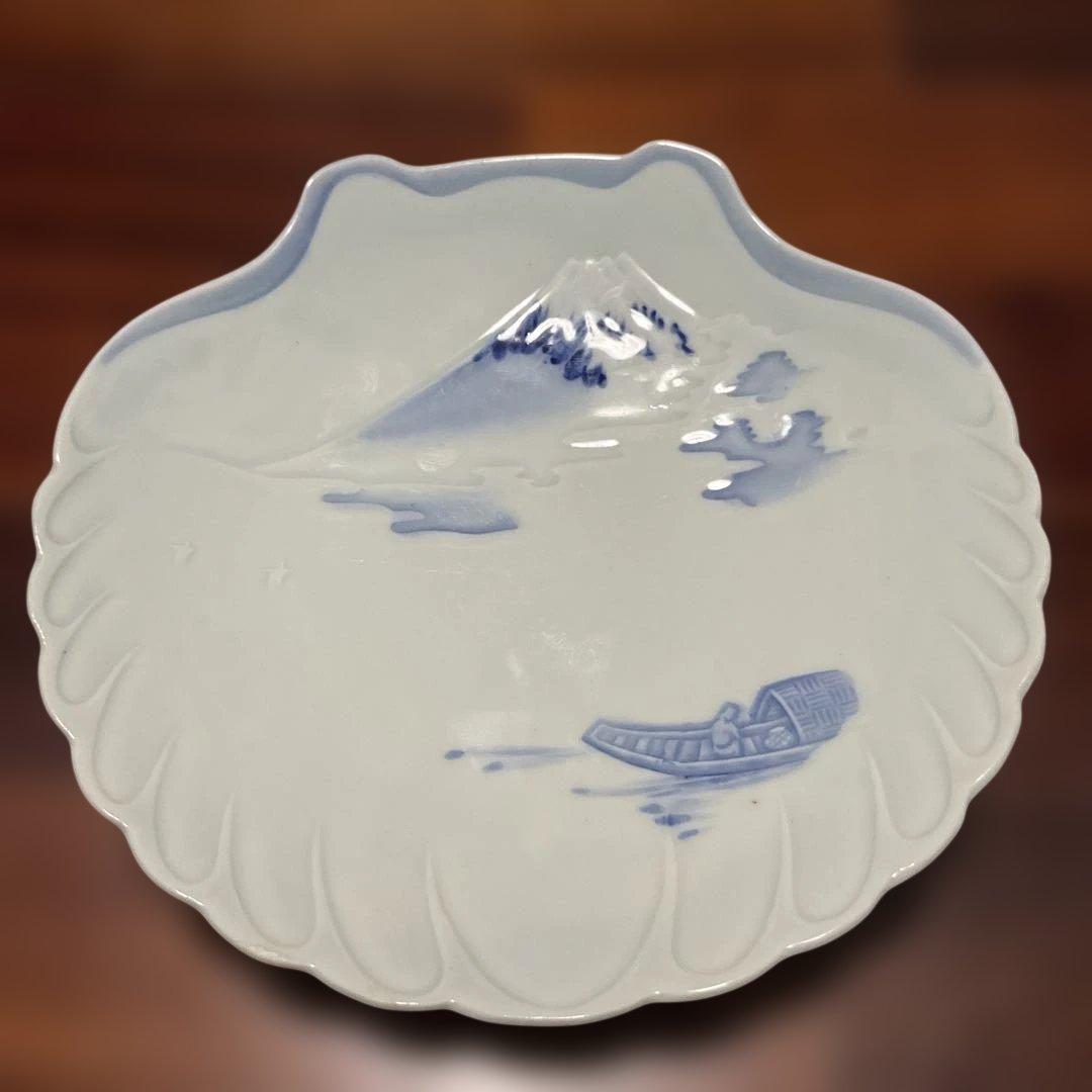 富士山と舟の貝殻型皿、オキュパイドジャパン時代