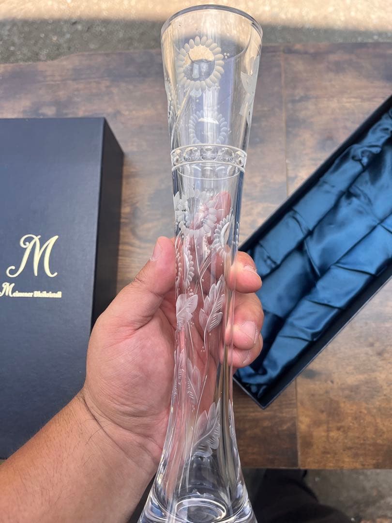 美品 マイセンクリスタル 蝶 ひまわり 一輪挿し(28cm)