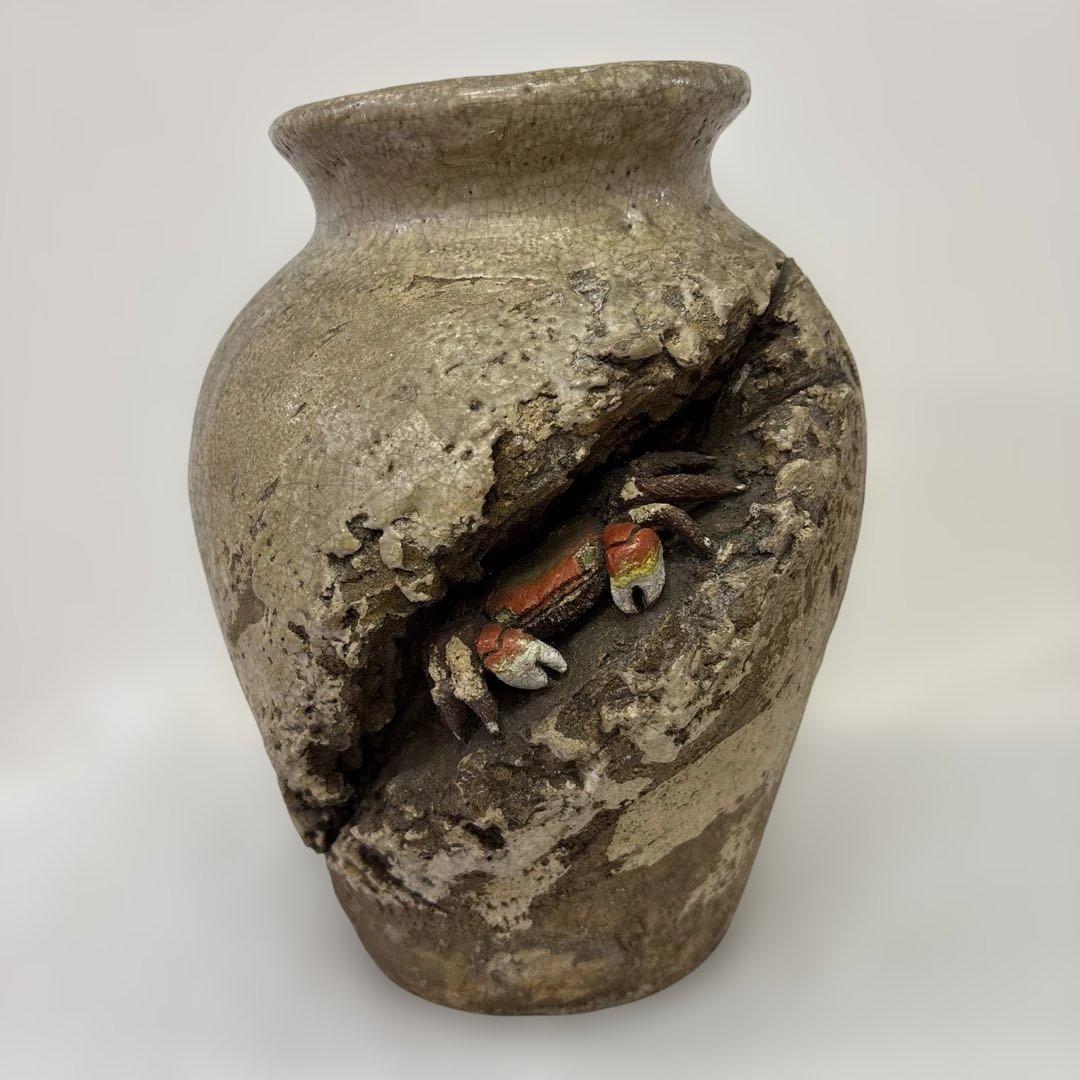 【希少】　楽山焼 玉井楽山作 天神蟹彫り　花器