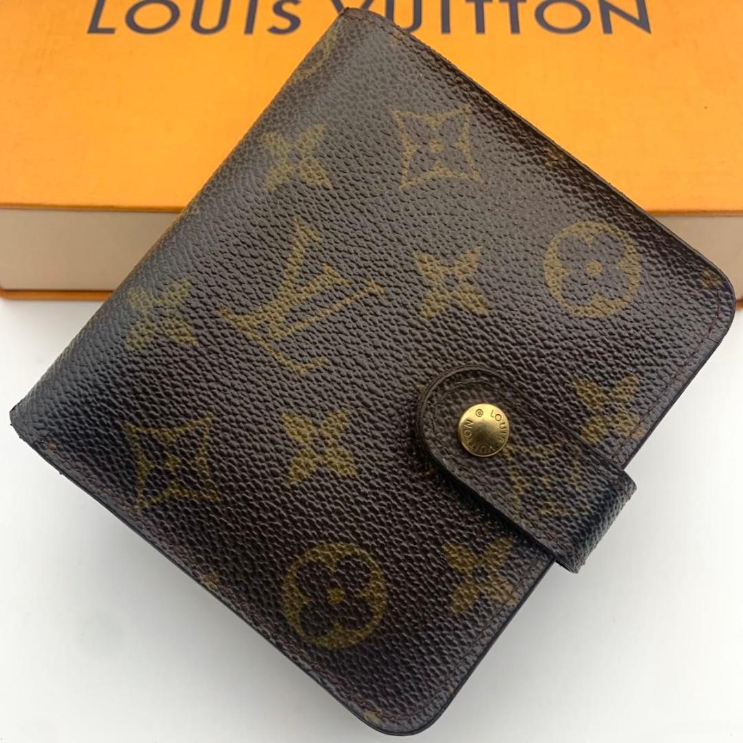 鑑定済み ルイヴィトン コンパクトジップ 二つ折り モノグラム 財布 ミニ 茶