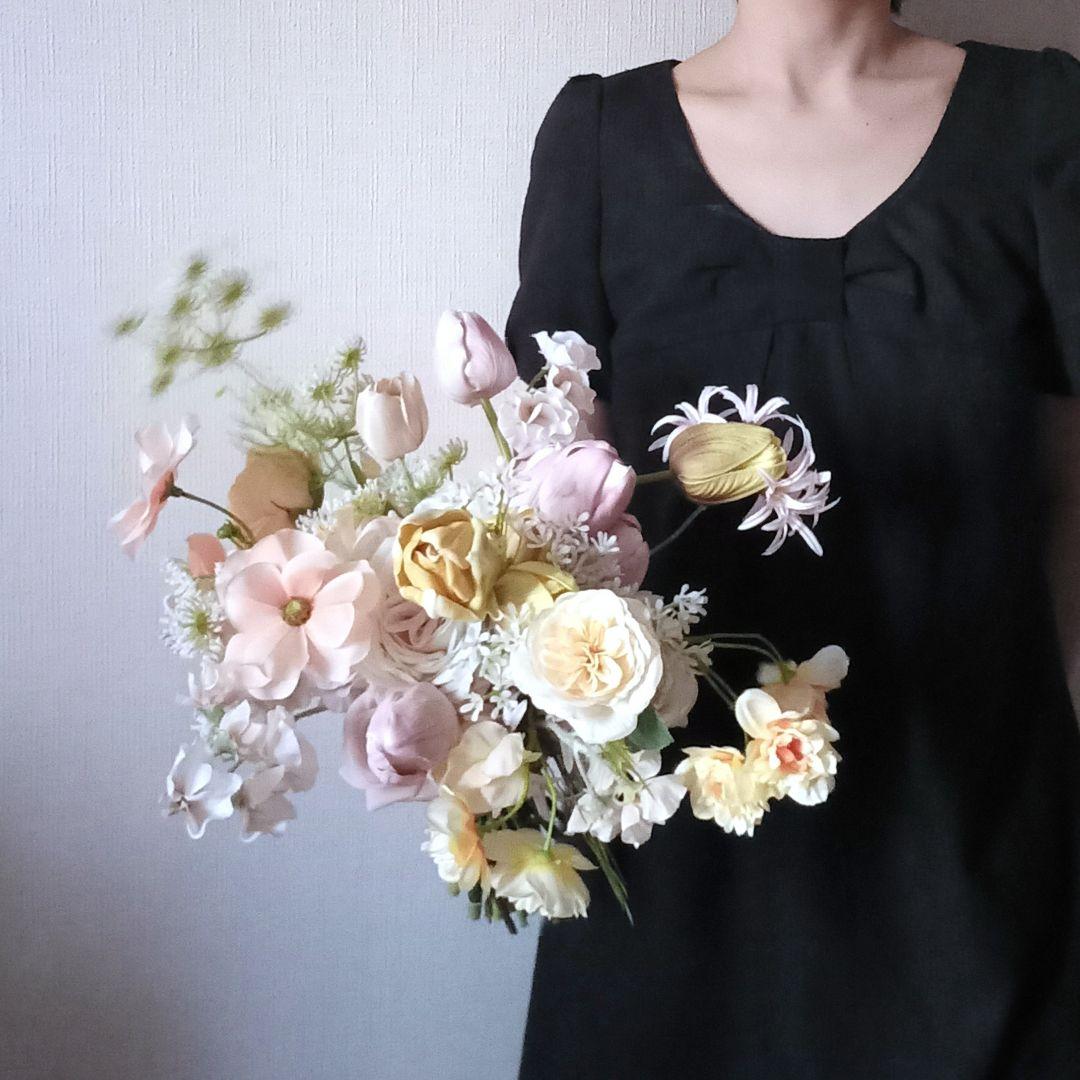 イエロー　ラベンダー　チューリップ　パステル　ウェディングブーケ　造花　結婚式