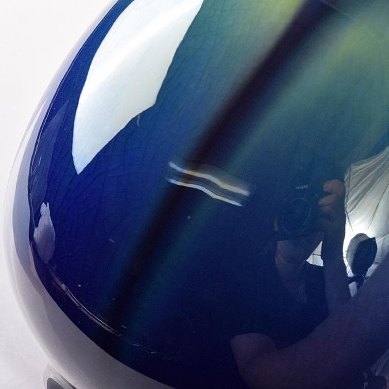 人間国宝　三代徳田八十吉　碧明耀彩　花生　共布共箱　T　R8172