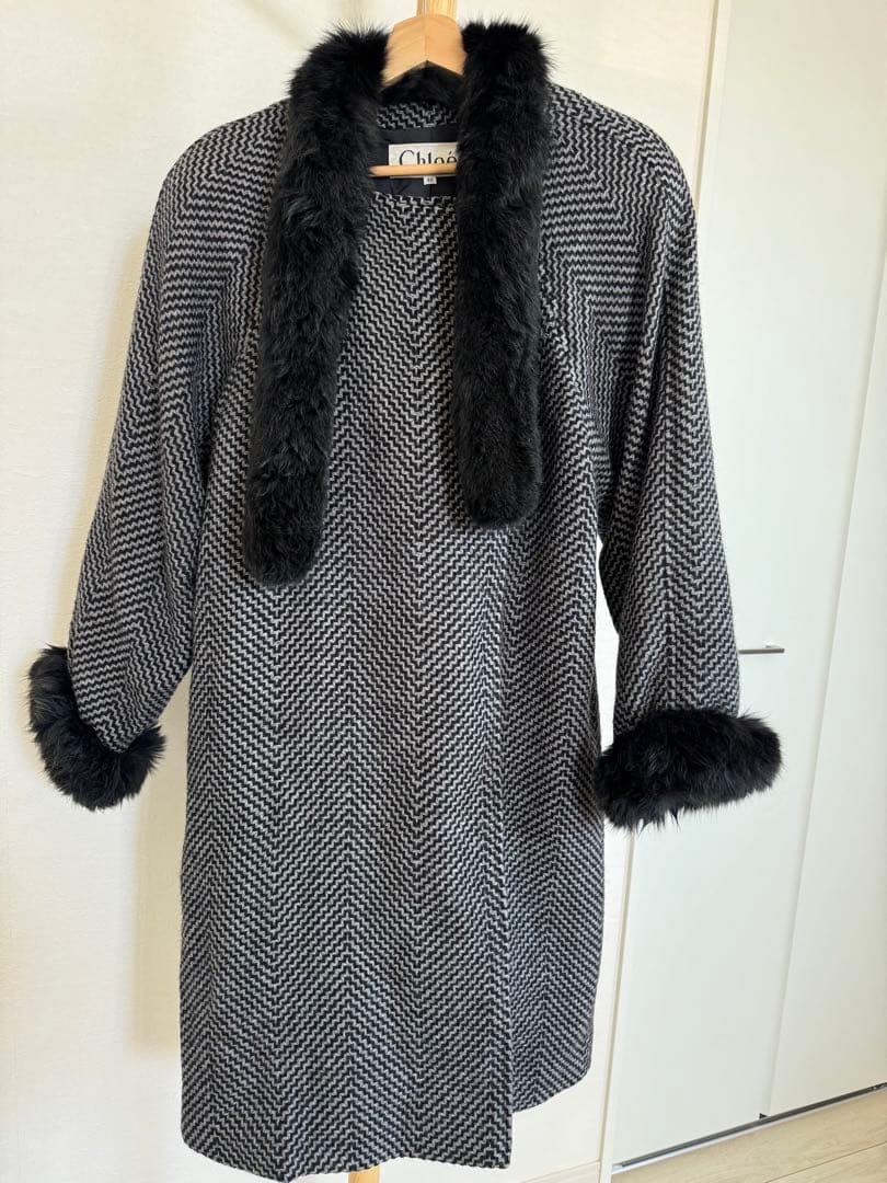 Chloé ヘリンボーンファー付きロングコート 40