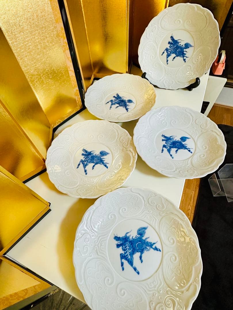 古伊万里　骨董　麒麟　白磁　中皿　大珍品　5枚
