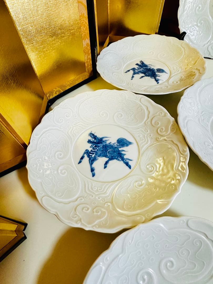古伊万里　骨董　麒麟　白磁　中皿　大珍品　5枚