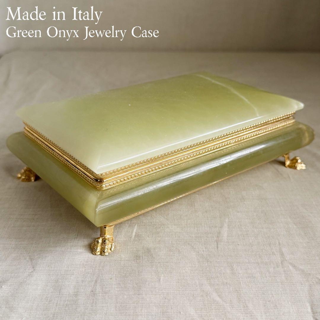 イタリア製 グリーンオニックス グリーンオニキス 天然石 ジュエリーケース 猫足