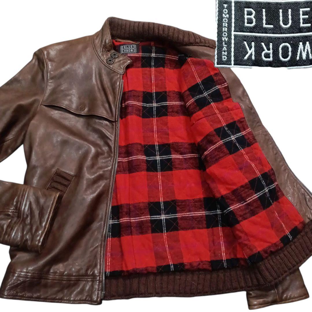 ✨BLUE WORK ラム 裏地チェック 立襟 riri シングルライダース