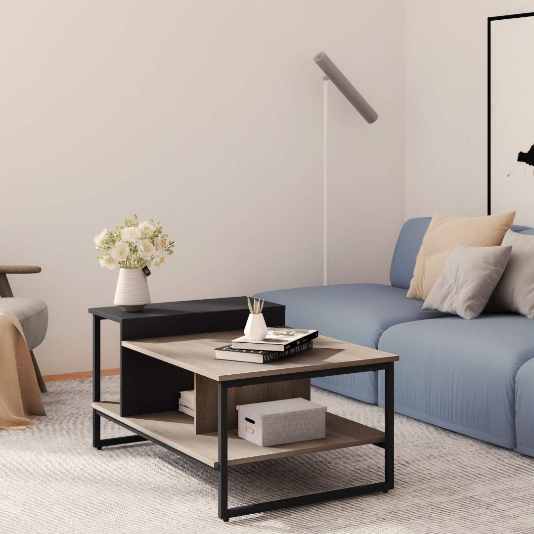 階層設計木製センターテーブル - コンパクト収納