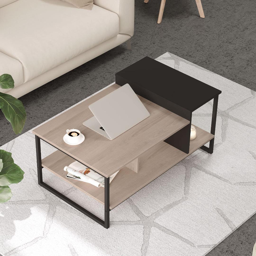 階層設計木製センターテーブル - コンパクト収納