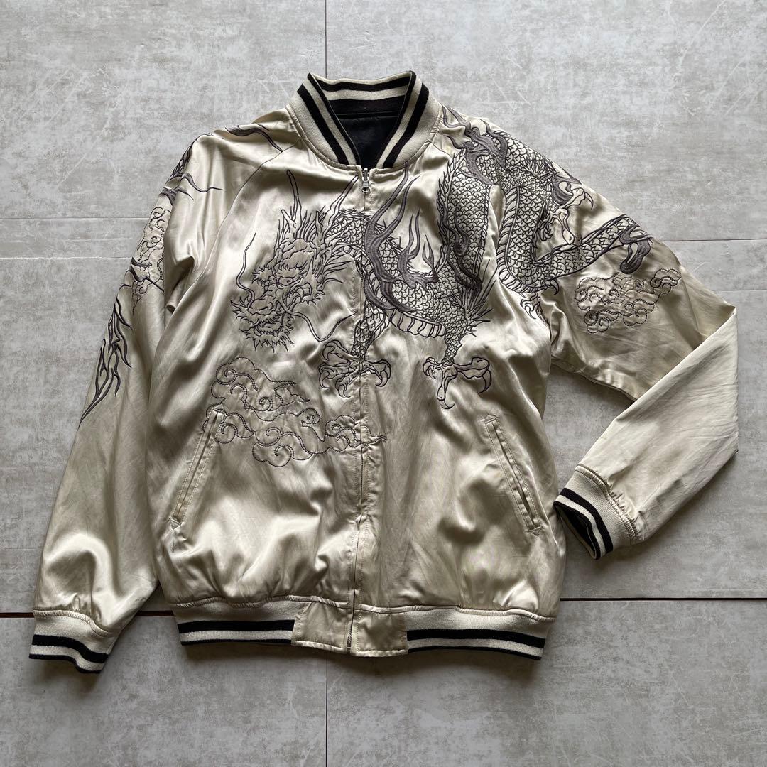 絡繰魂 スカジャン XL リバーシブル 龍刺繍 和柄 ホワイト×ブラック