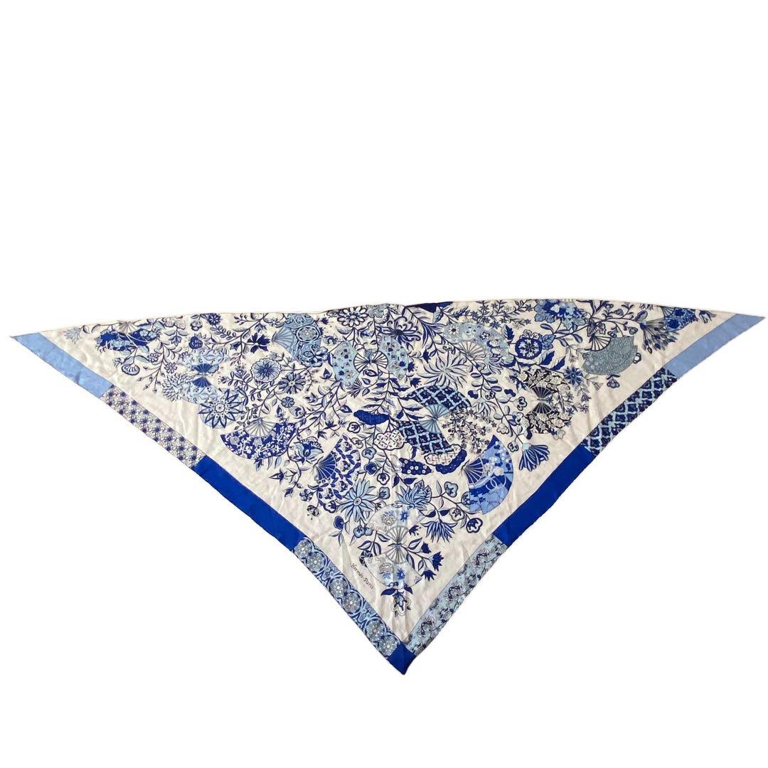 美品 HERMES トライアングルジェアン 花咲く織物 カシミヤ シルク.