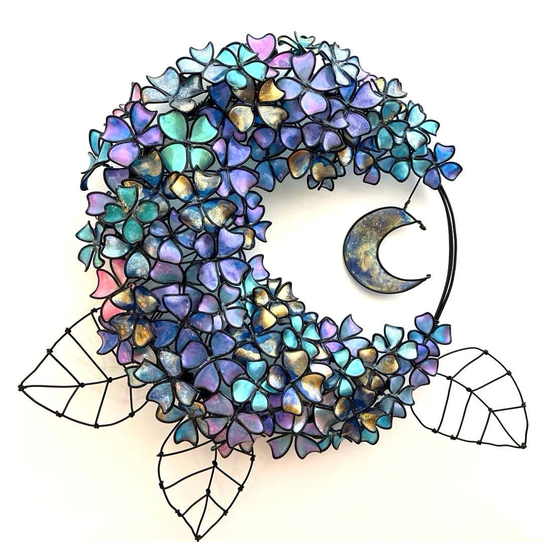一点物　銀河　月×大きな紫陽花リース　ディップアート　アート　ワイヤークラフト