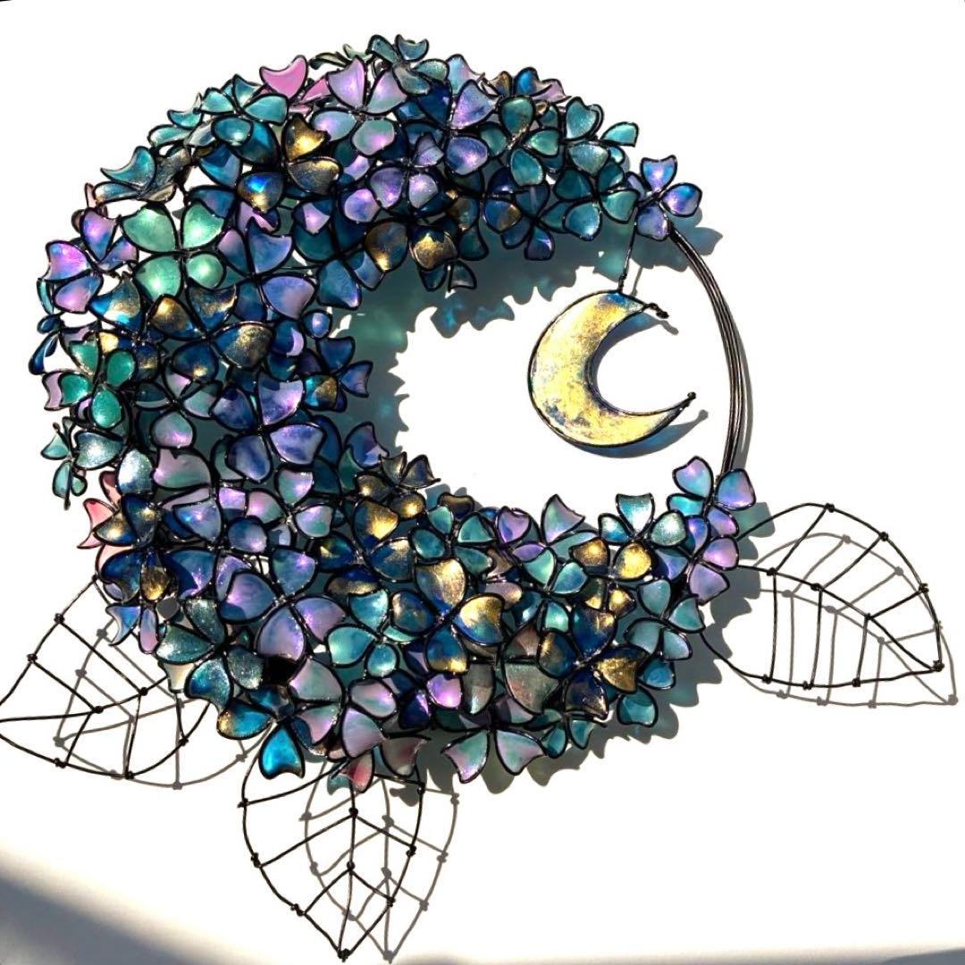 一点物　銀河　月×大きな紫陽花リース　ディップアート　アート　ワイヤークラフト