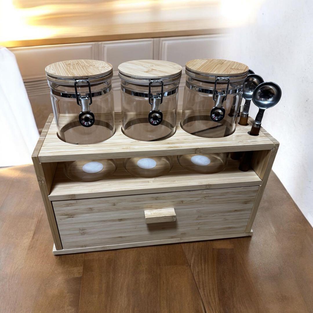 ガラス瓶と竹製収納ボックスセット