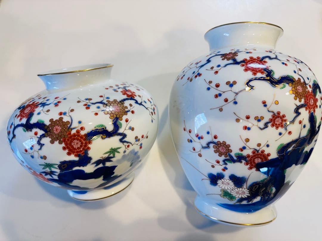 【美品】深川製磁 花瓶 一対 大小2点セット 有田焼 染錦 金彩 富士印