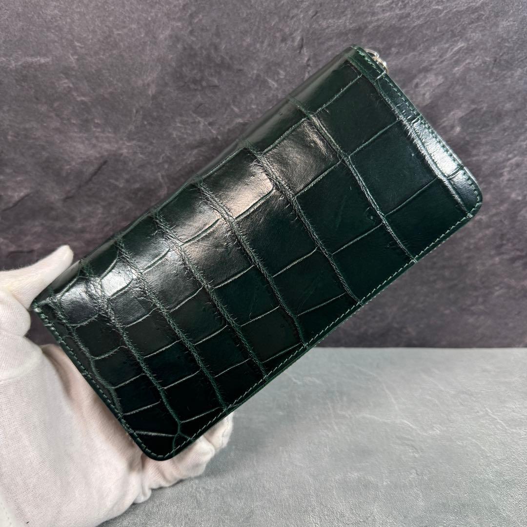 新品 クロコダイル 長財布 ダークグリーン シルバーファスナー 本革 ワニ革