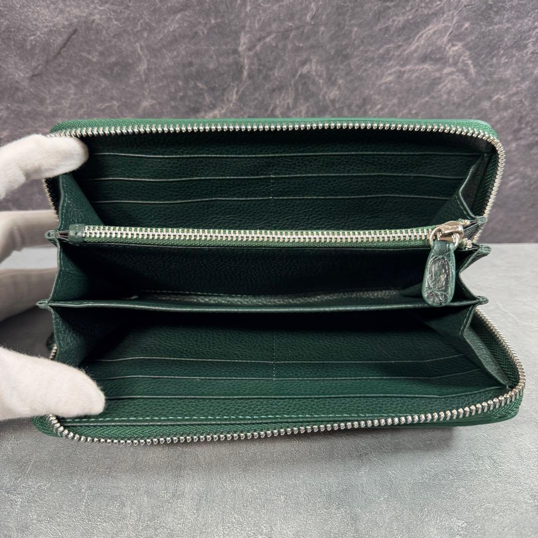 新品 クロコダイル 長財布 ダークグリーン シルバーファスナー 本革 ワニ革