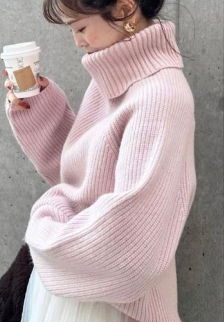 anuans ウールカシミヤラグランタートルニットプルオーバー ピンク