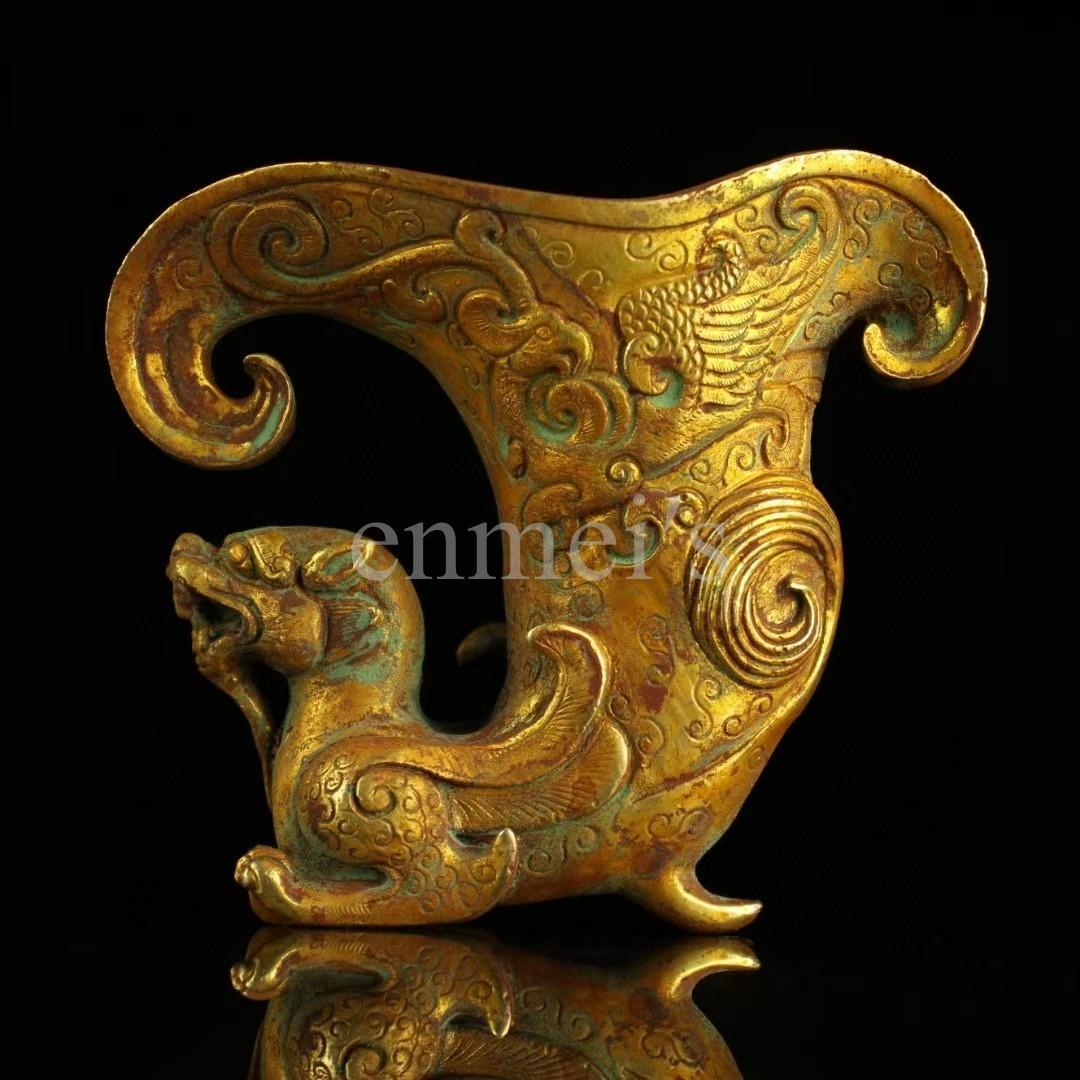 旧蔵 純銅製 鎏金 獣形 酒杯 古銅器 お酒用グラス・純手作り・案頭・酒具・置物