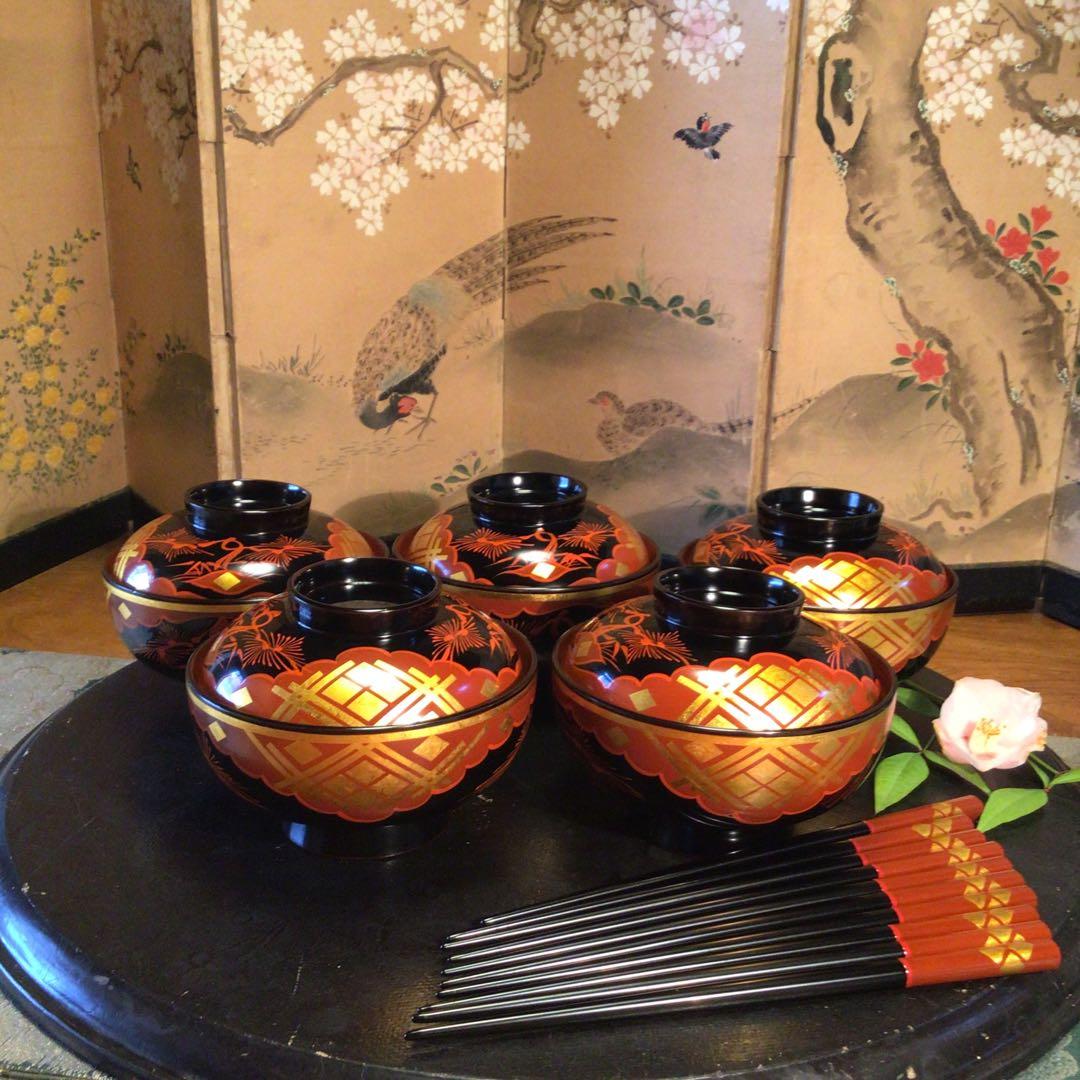 A810 木製漆器　懐石道具　秀衡塗　椀　（丸三漆器）5客箸　5膳　揃え