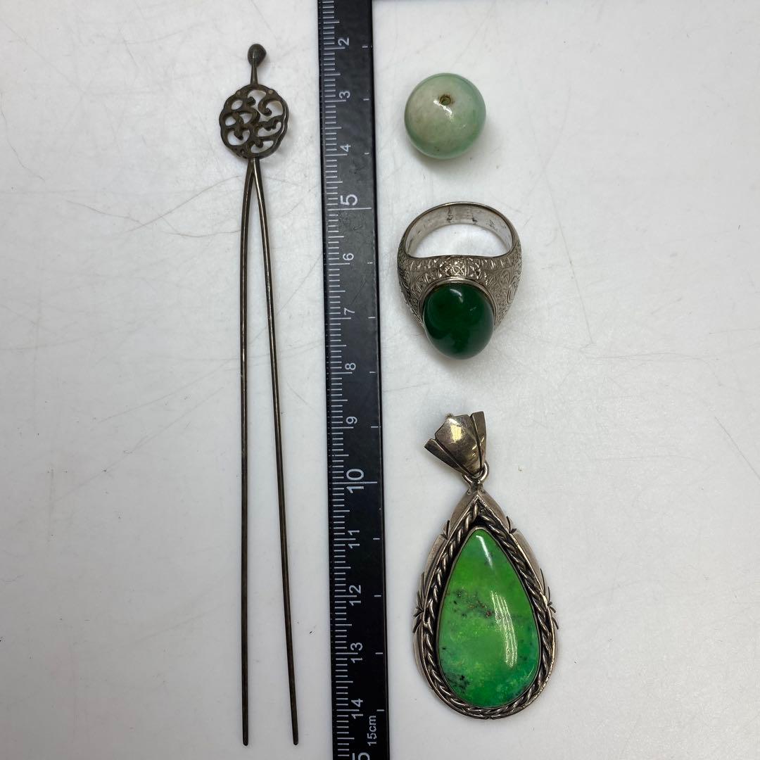 専用sterling 本翡翠 ネックレストップ 指輪玉銀細工かんざし37gタコサ