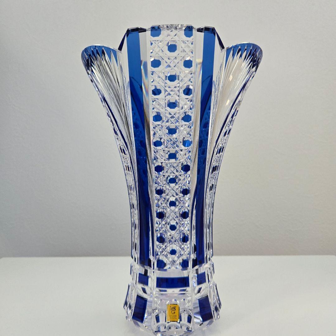 KAGAMI CRYSTAL 花瓶　江戸切子　笹っ葉に八角籠目紋