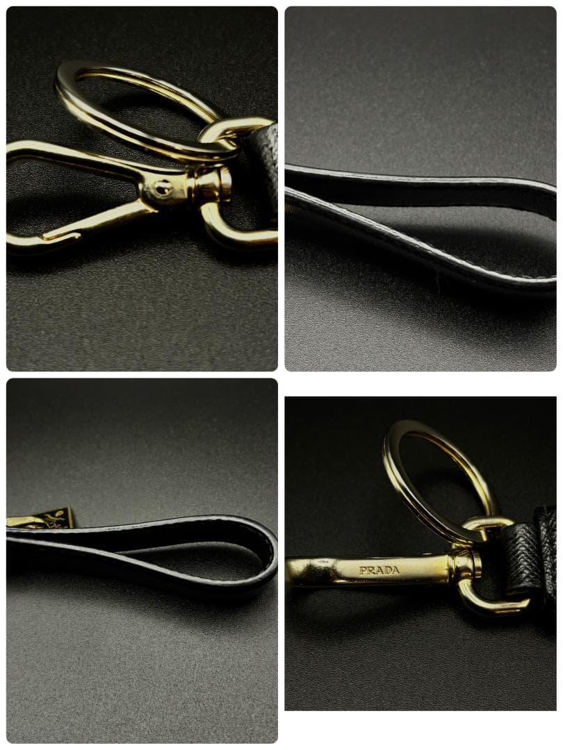 美品　PRADA キーホルダー　サフィアーノ　ブラック　キーリング　三角ダク