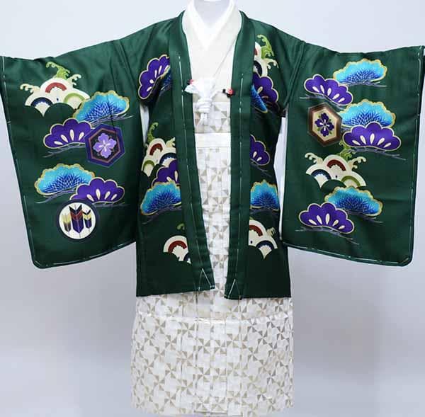 七五三 五歳 男児 羽織袴フルセット 小町 緑色 鷹 袴変更可 NO37641