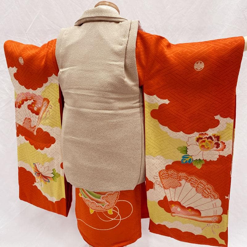 509ag9◎七五三 三歳 女の子 アンティーク着物&被布&長襦袢五つ紋 濃朱◎