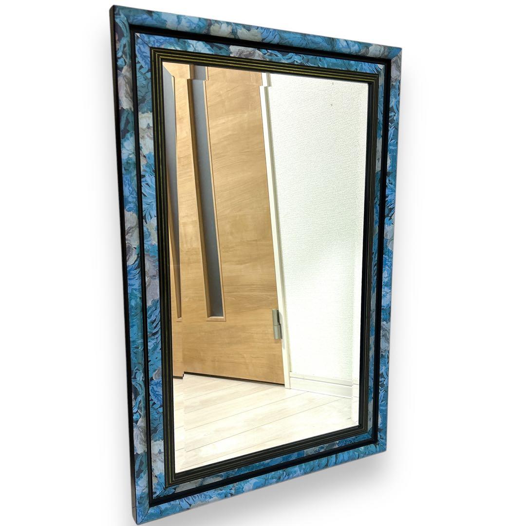 アンティーク 壁掛けミラー 面取り加工 ベベルカット トスカーナ ターコイズ柄