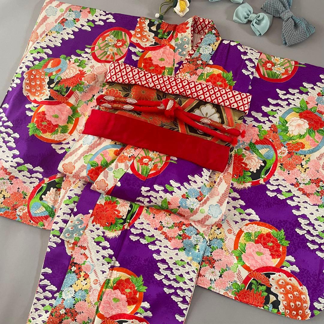 七五三　5歳　レトロお着物セット　髪飾り付き