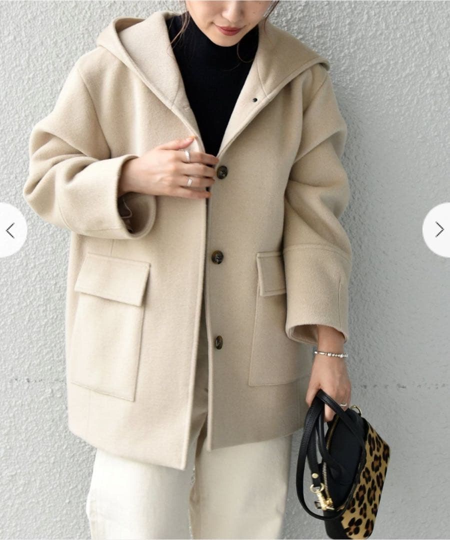 SHIPS any フードミディウールコート　ベージュ