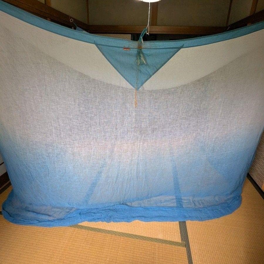 月印 本麻の蚊帳 4.5畳用 白×藍色グラデーション 未使用品 ヴィンテージ品