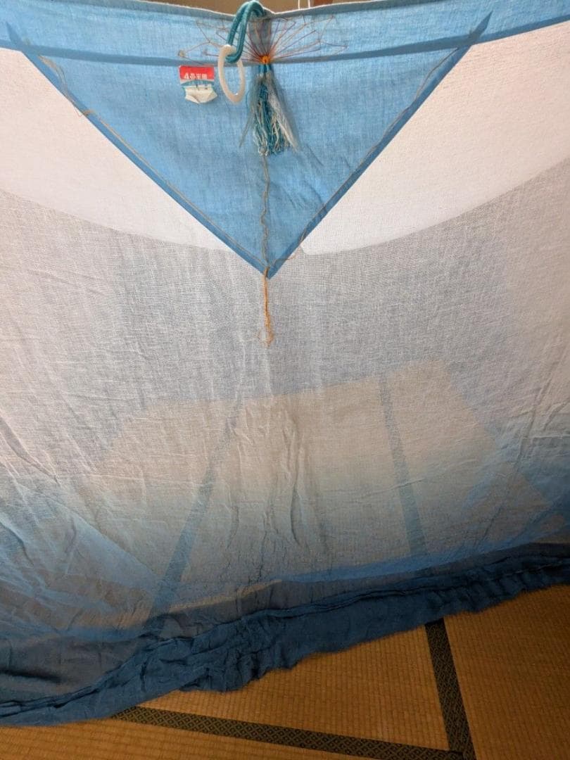 月印 本麻の蚊帳 4.5畳用 白×藍色グラデーション 未使用品 ヴィンテージ品