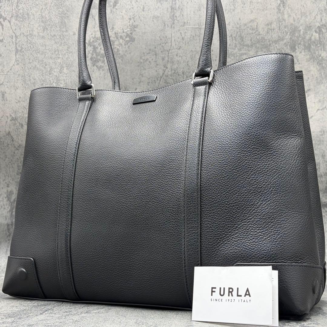 近年 フルラ ビジネスバッグ 肩掛け A4 ブリーフケース シボ革 黒 メンズ