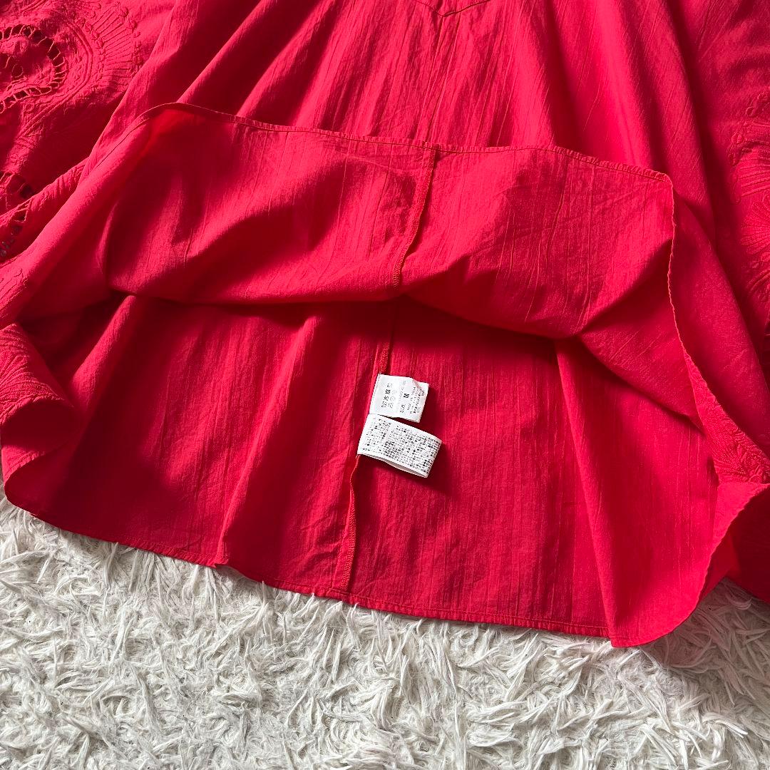 【美品】ハウスオブロータス 刺繍ケープブラウス フリル袖 赤 リゾート体型カバー