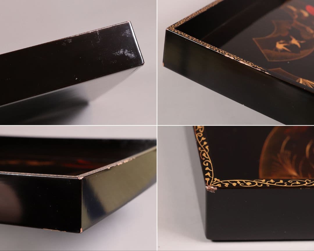 時代 広蓋 二枚組 59.1cm 扇面めでた図蒔絵 長方盆 木製【MA278】