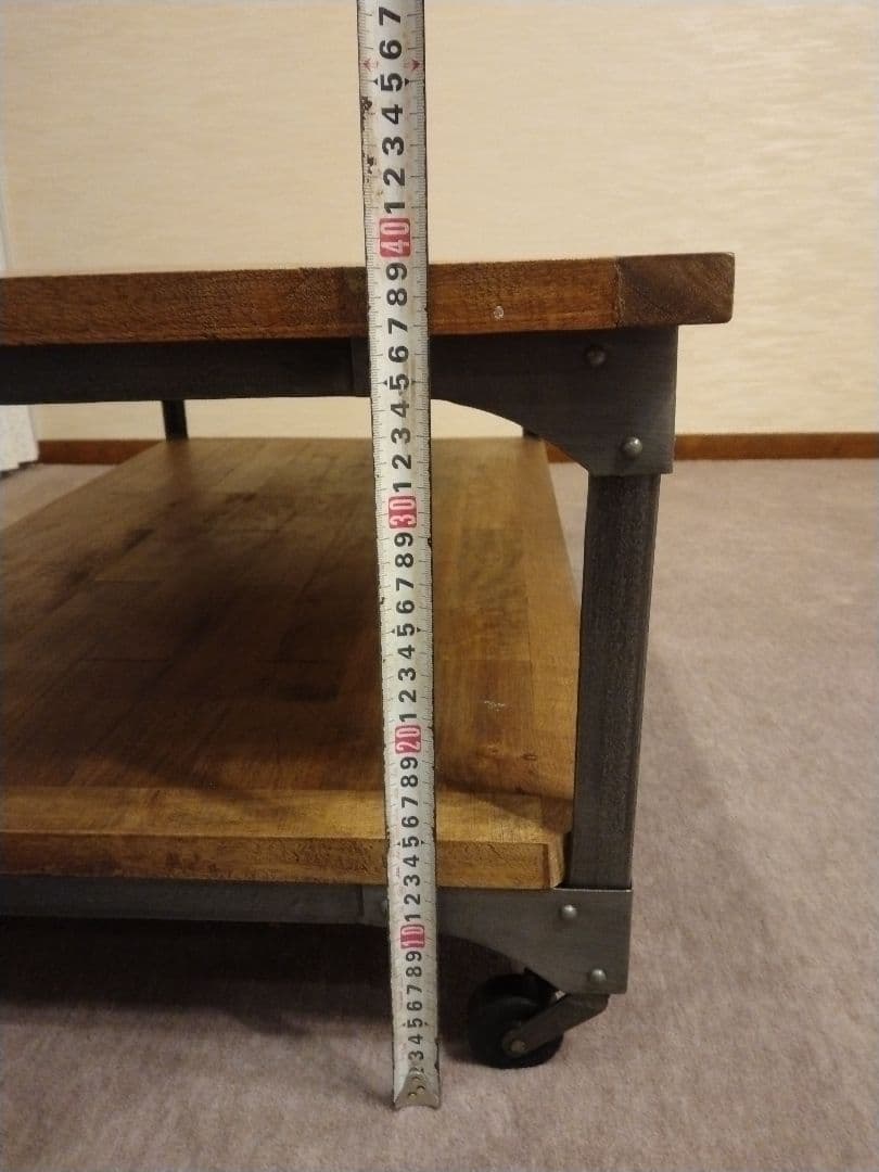 木製＆スチールセンターテーブル キャスター付き