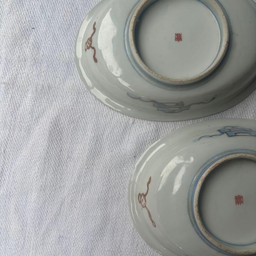 時代伊万里　洒落た亀甲幾何学デザインのオーバル楕円皿　2点（古伊万里骨董古道具器