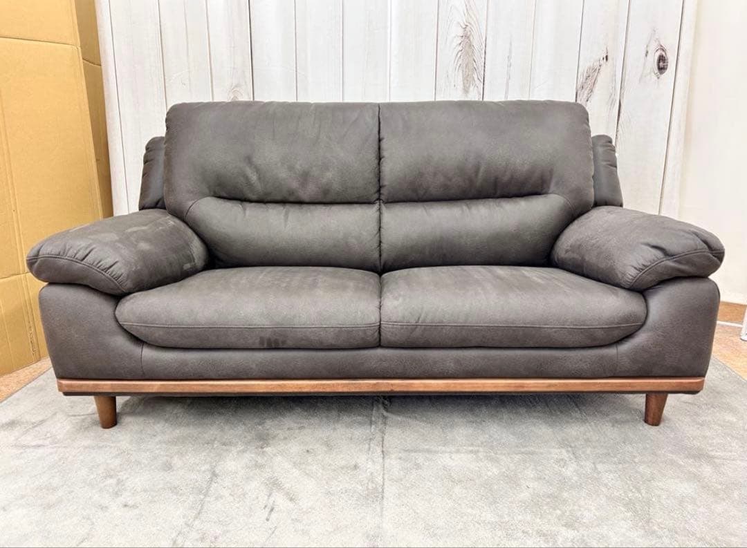3人掛けソファー　ファブリックレザー調　ダークグレー